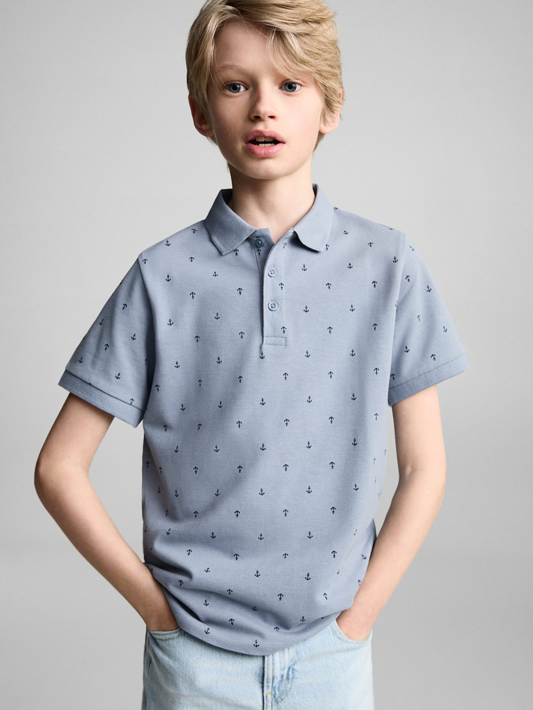 Mango Kids Boys Nautical Printed Polo Collar Pure Cotton T-shirt