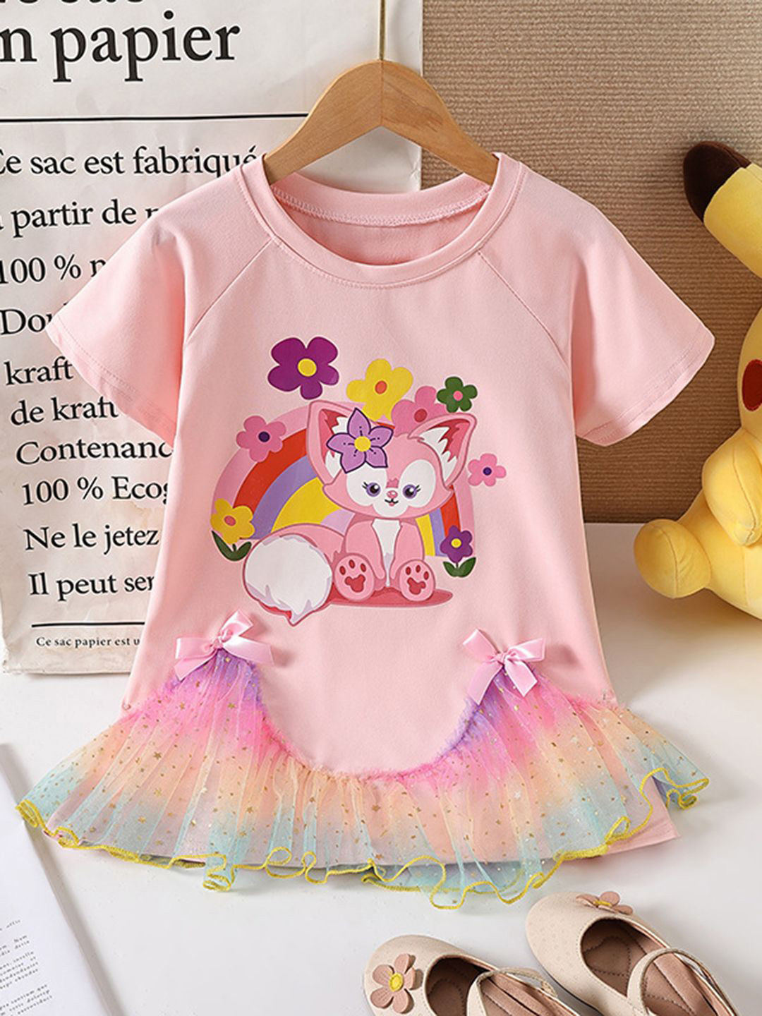 YK Girl Printed Bows T-shirt Dress