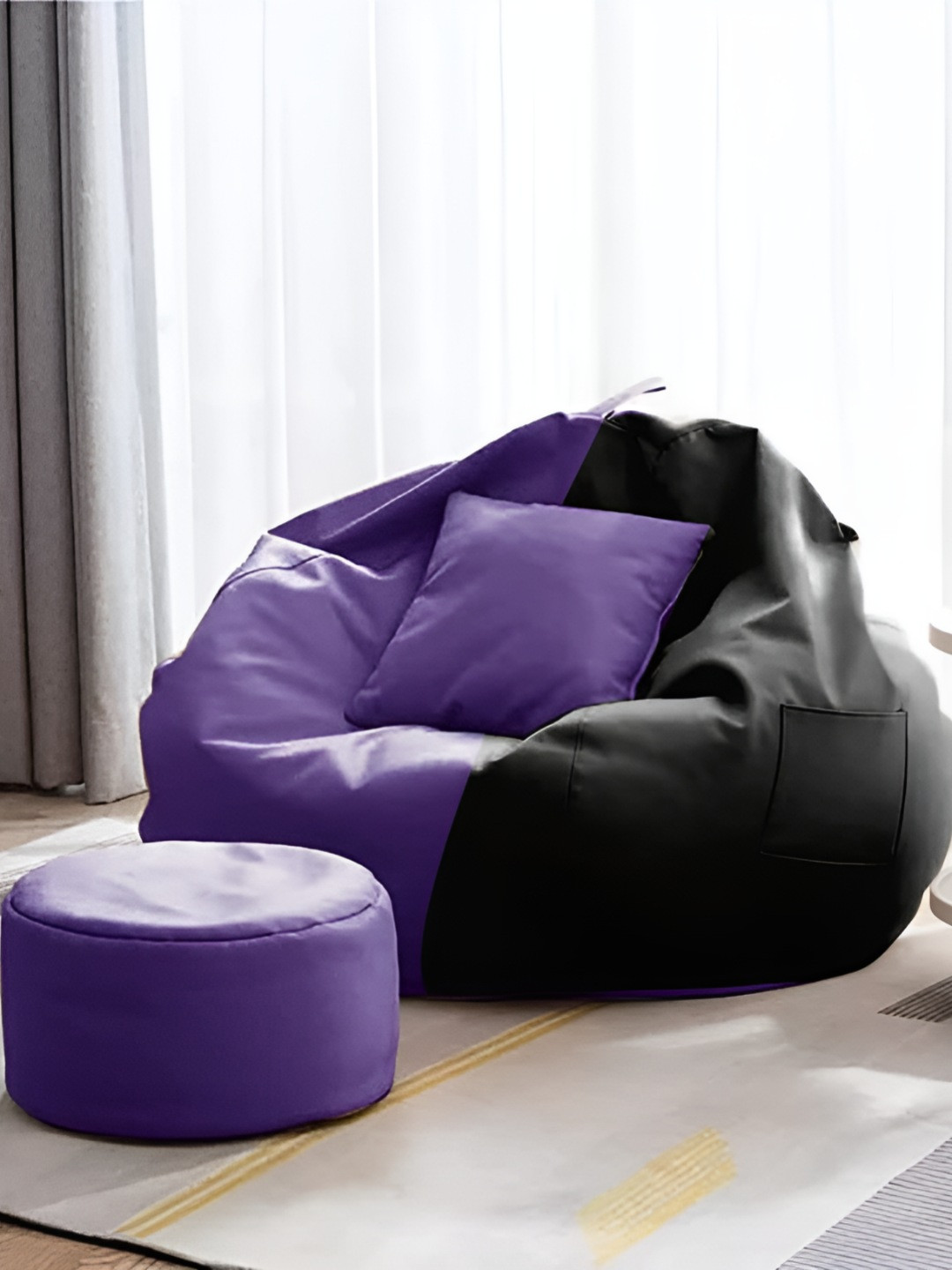 AARIJ MART Black 3 Pieces Colourblocked Leather Bean Bag With Footrest & Cushion