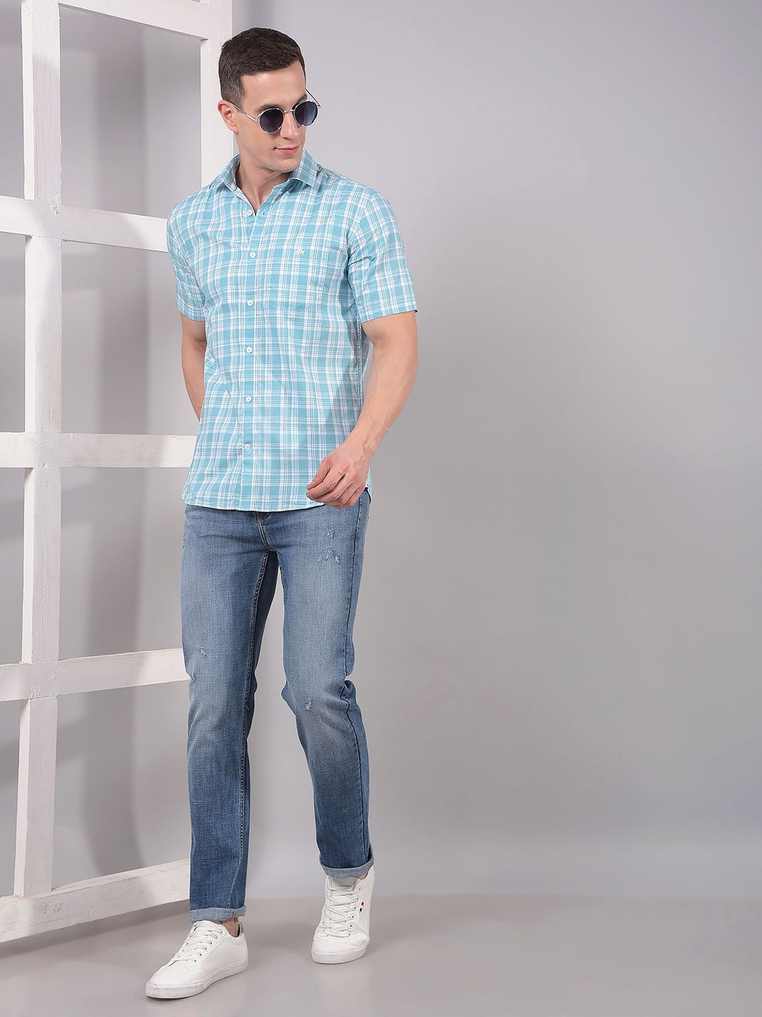 Crimsoune Club Men Classic Slim Fit Tartan Checked Spread Collar Cotton Casual Shirt