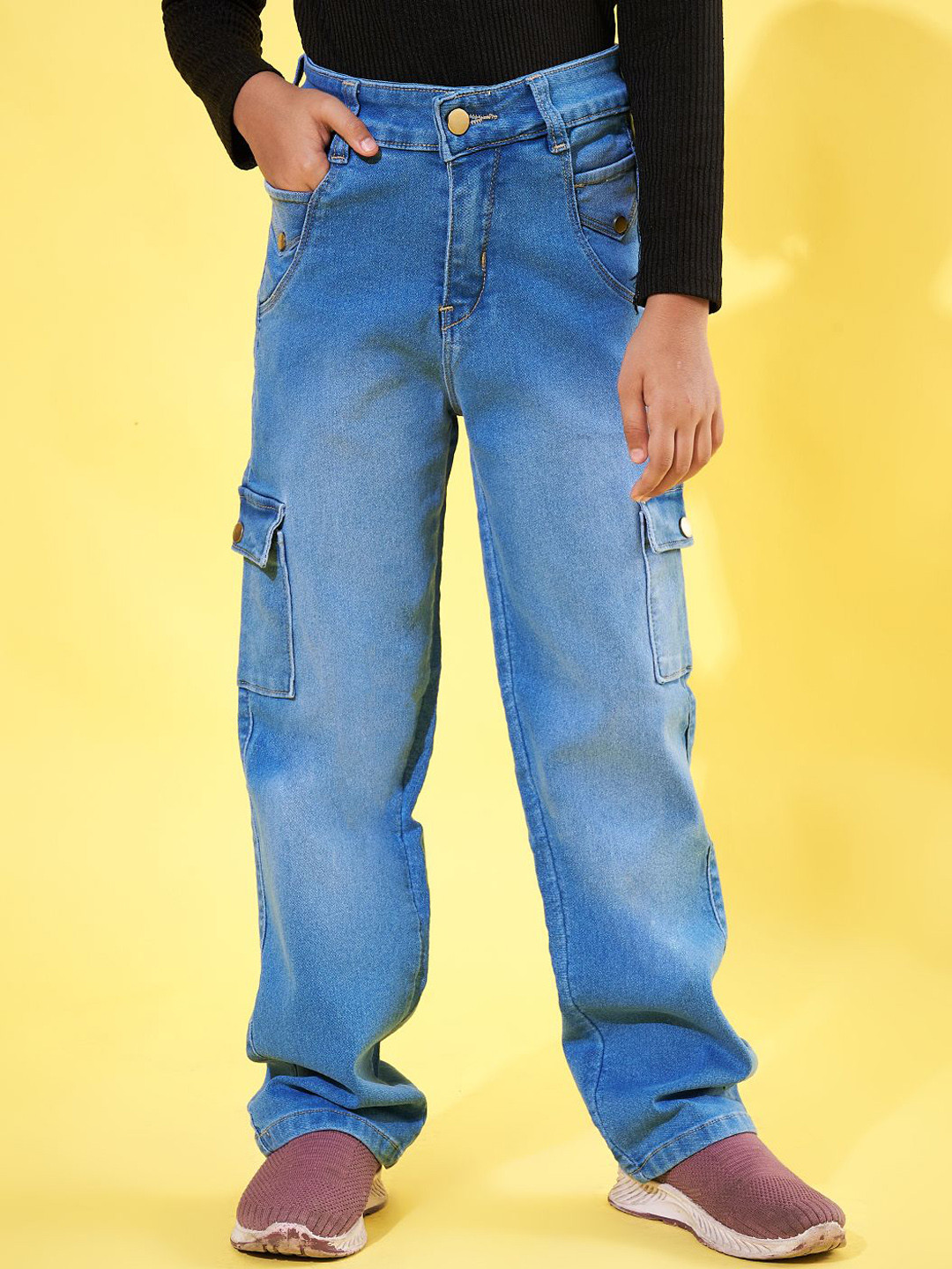 Purple Feather Girls Cargo Styles High-Rise Stretchable Jeans