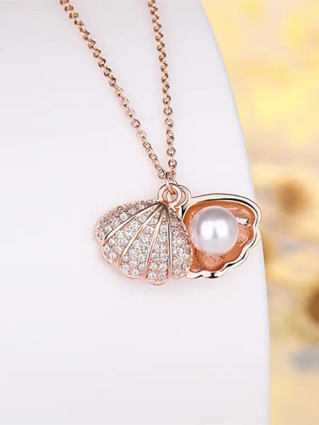 DIVASTRI Rose Gold-Plated Diamond Shaped Pearls & CZ Studded Pendant with Chain