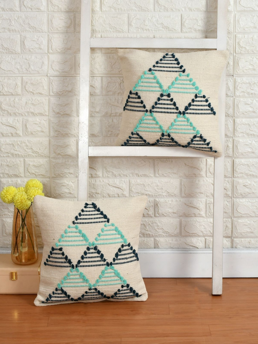 KIDS WONDERS Beige Embroidered Cotton Washable 2 Square Cushion Covers -16x16In