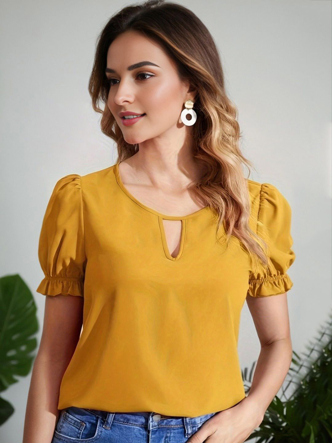 StyleCast Women Puff Sleeve Keyhole Neck Top
