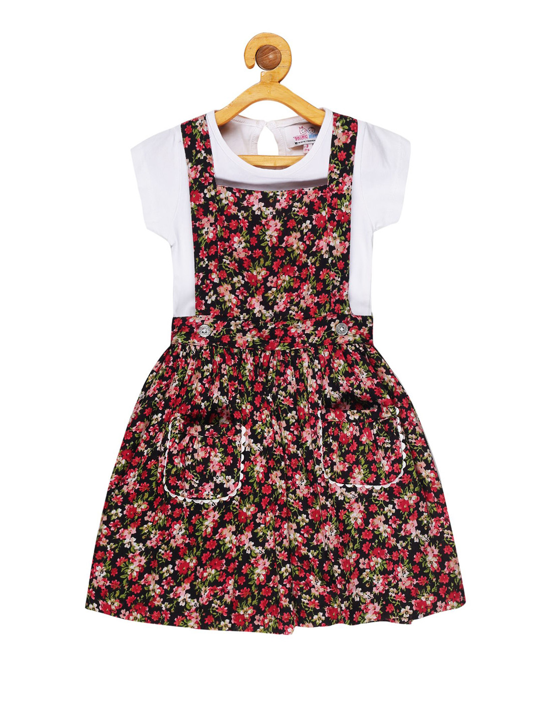 YOUNG BIRDS Girls Floral Printed Round Neck T-shirt With Suspender Skirt