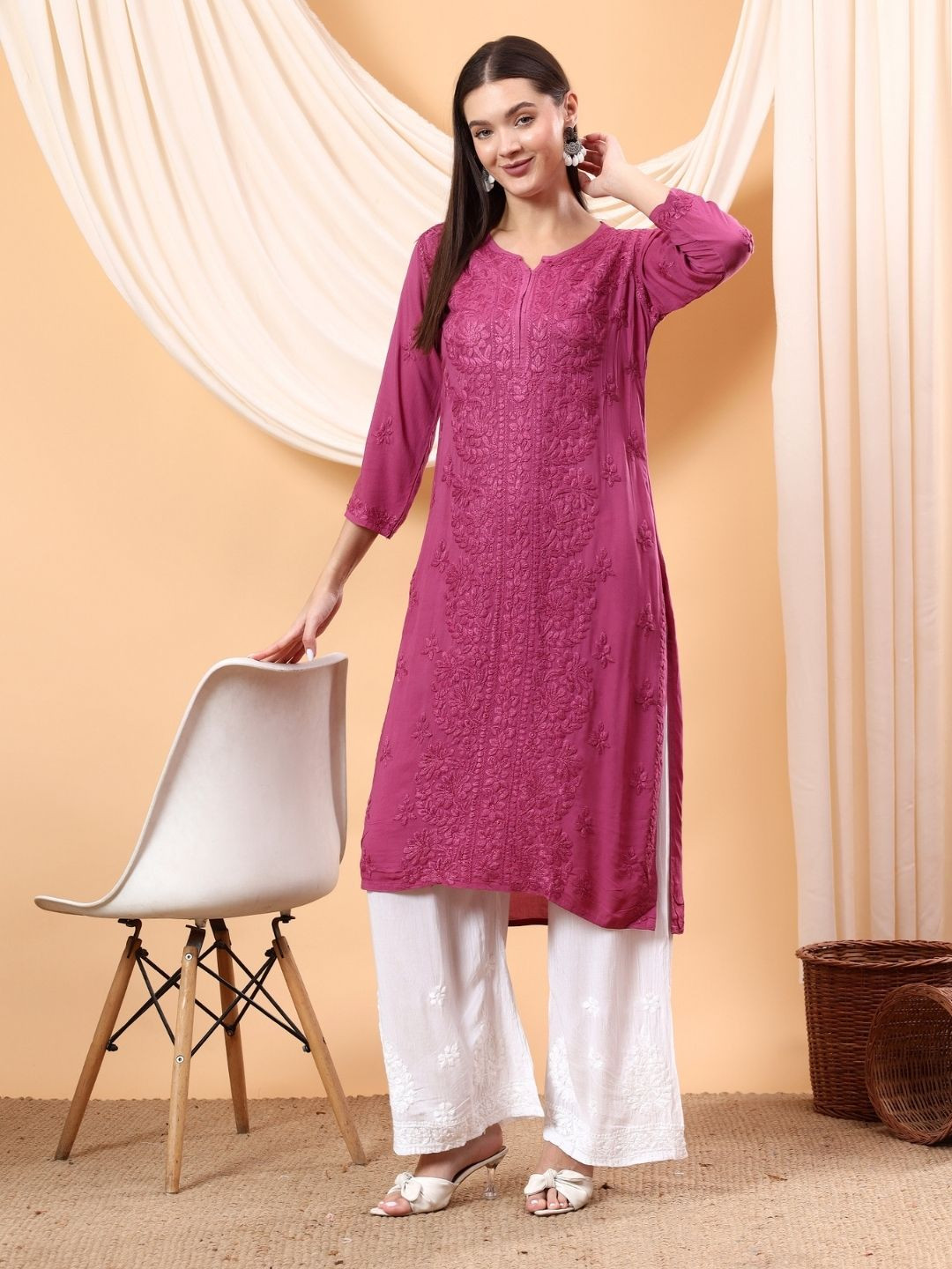 Poshak Chikan Studio Floral Embroidered Notch Neck Chikankari Modal Straight Kurta
