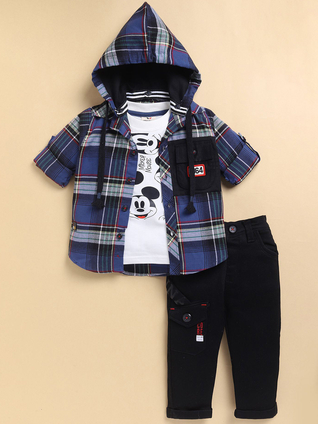 LITTLE COLLARS Boys Checked printed Hooded Shirt Solid Bottom Casual Clothing Set