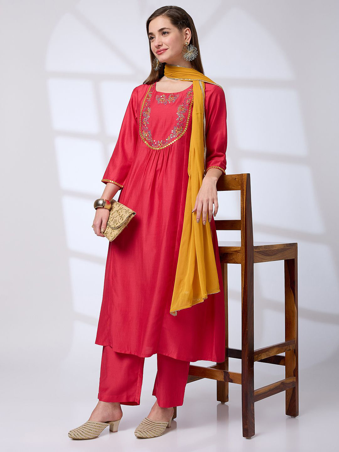 Globus Floral Embroidered Yoke Pleated A-Line Kurta, Pants & Sequinned Dupatta Festive Set