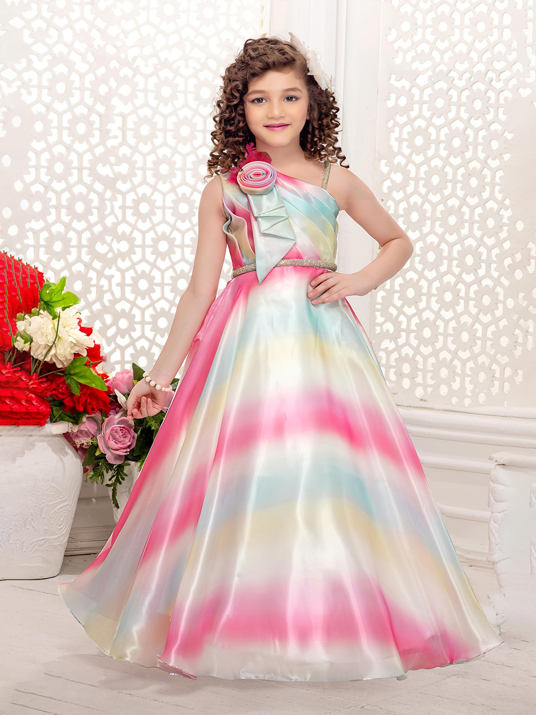 PINK LEAF Girls Printed One Shoulder Satin Gown Maxi Dress