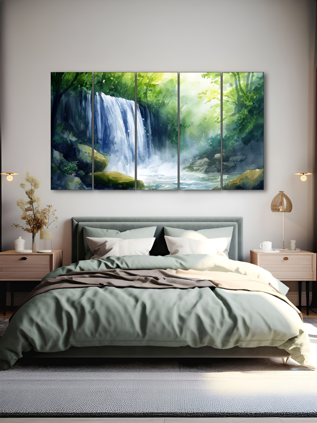 The Castle Decor Green Wood 5 Pcs Wall Living Room Rectangle Potrait Paintings Wall Art