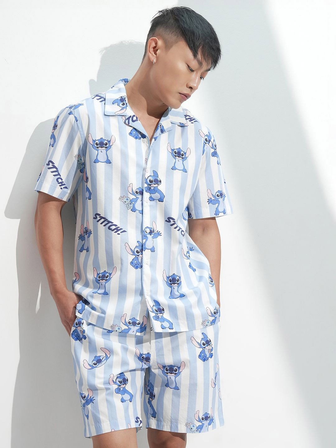 HIGHLANDER Men Disney Stitch Printed Pure Cotton Shirt Shorts Relaxed-Fit Night Suit