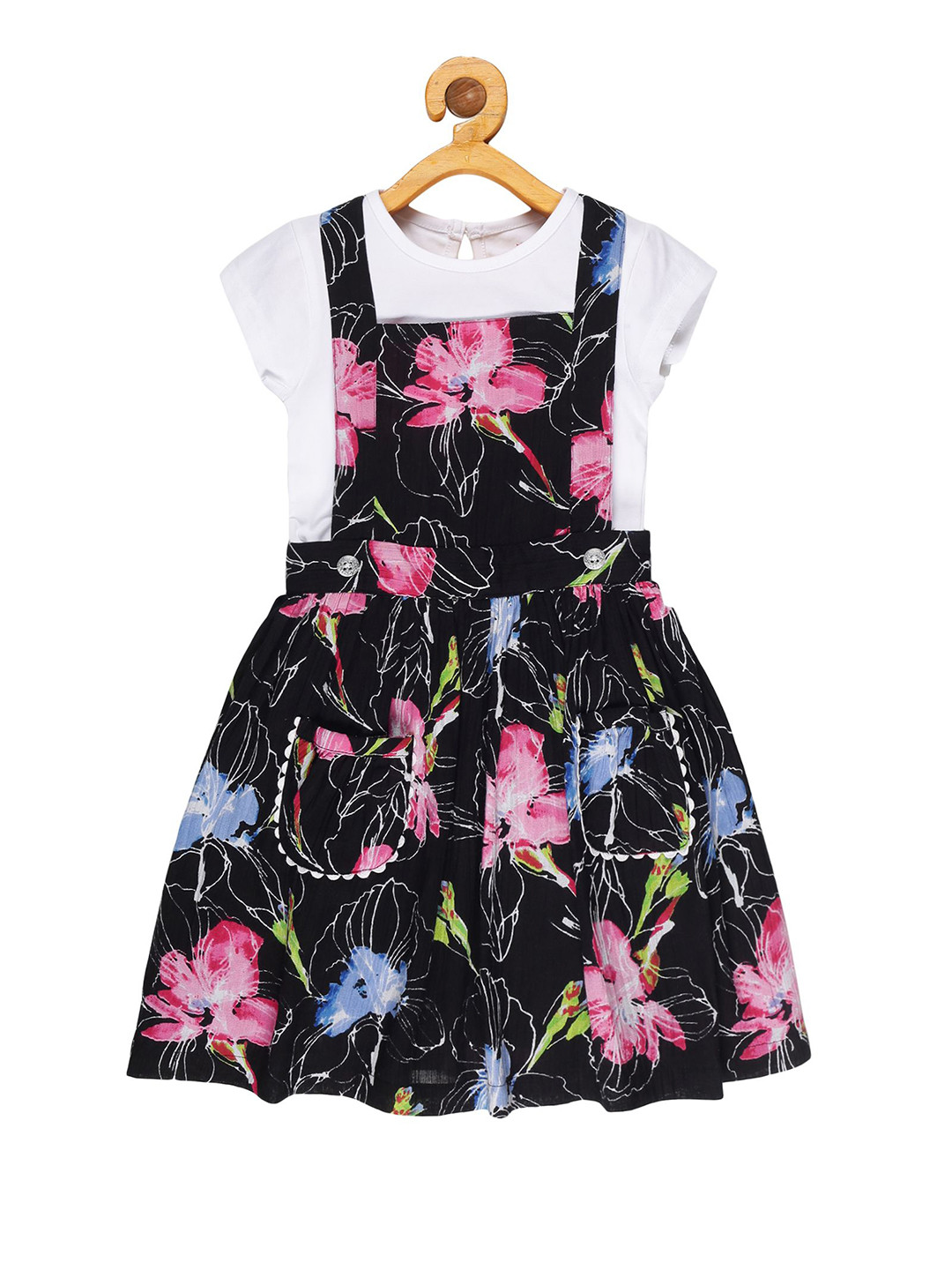 YOUNG BIRDS Girls Floral Printed Round Neck T-shirt With Suspender Skirt