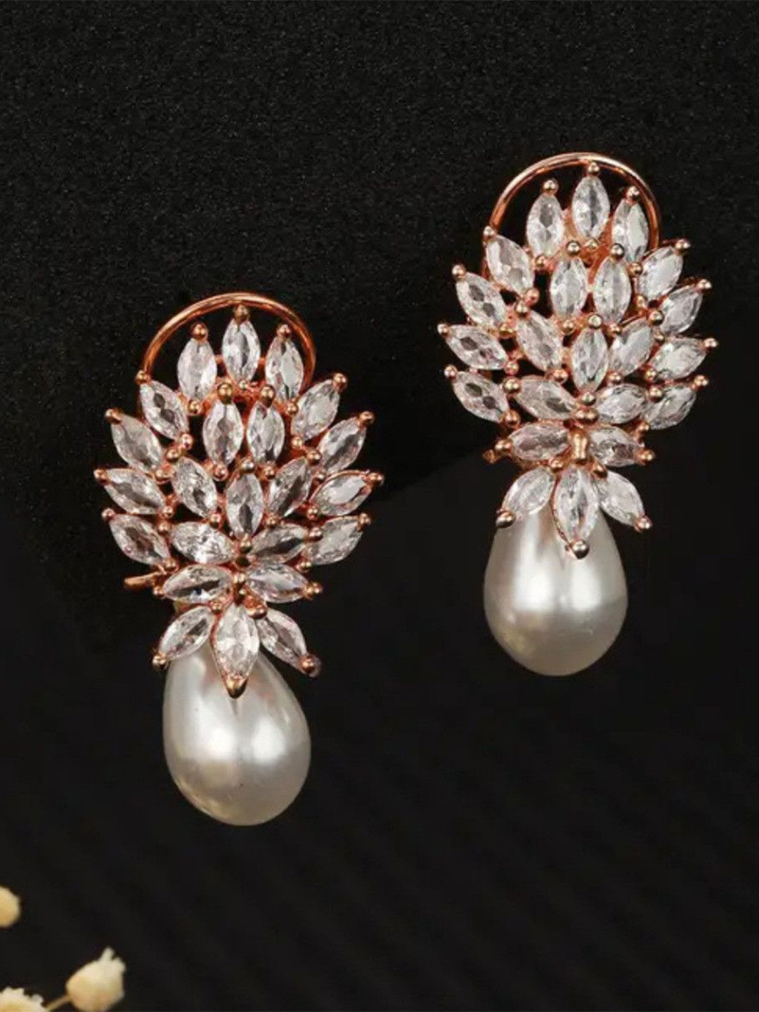 LC Jewelz Rose Gold-Plated Crystals Studded Floral Shaped Drop Earrings