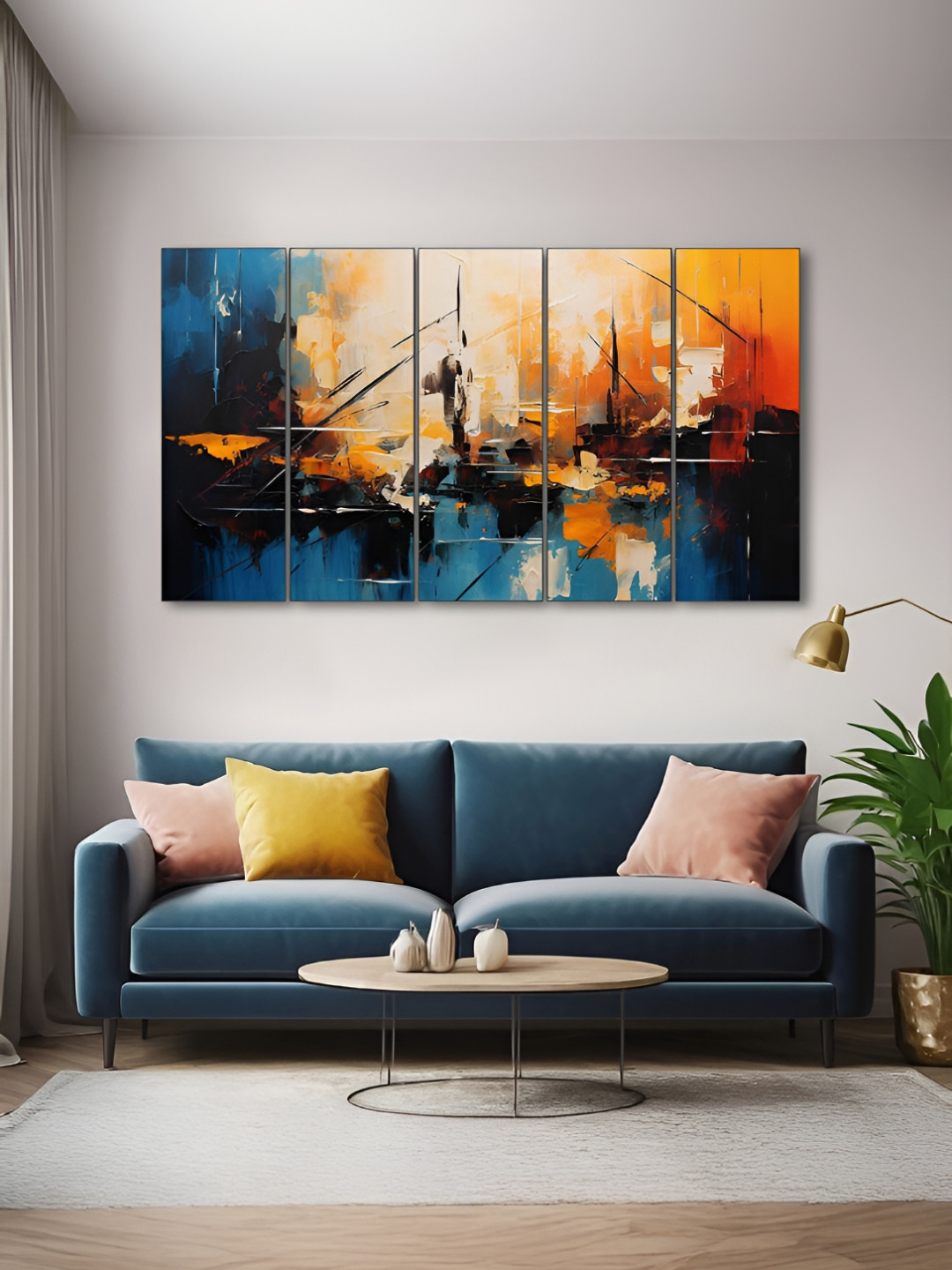 The Castle Decor Blue & Orange 5 Piece Wood Other Wall Paintings