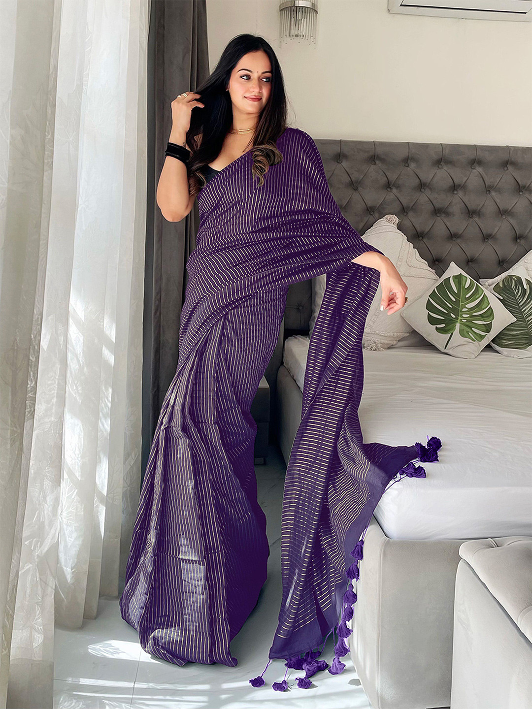 Anouk Striped Pure Cotton Designer Khadi Saree
