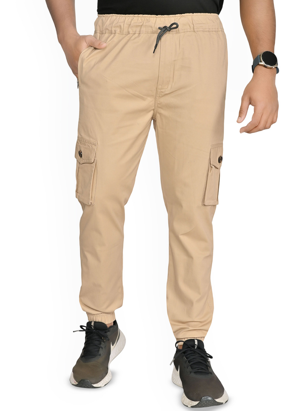 OF-NOTE Men Beige Slim Fit Joggers with 6 Pockets
