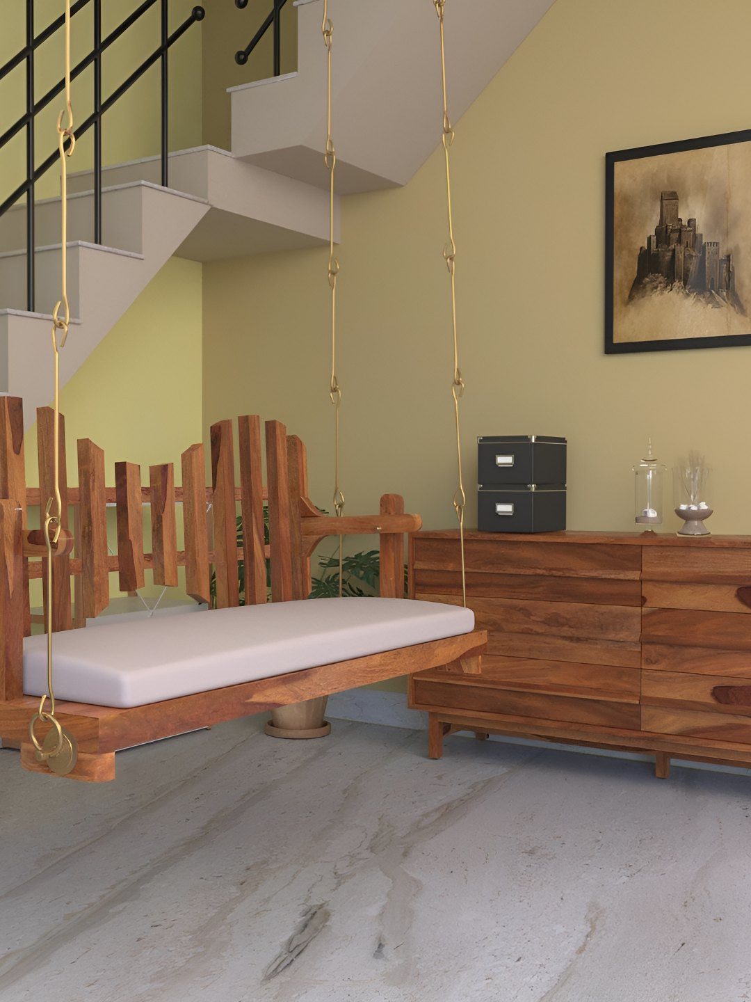 JAIRI TRADERS Brown & Off-White Wooden Swings With Back Support & Cushion