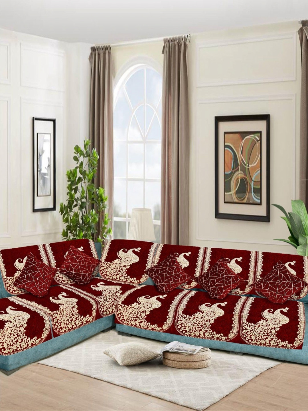 SAWNA HOMES Maroon Embroidered Velvet Sofa Cover With Coushion Covers