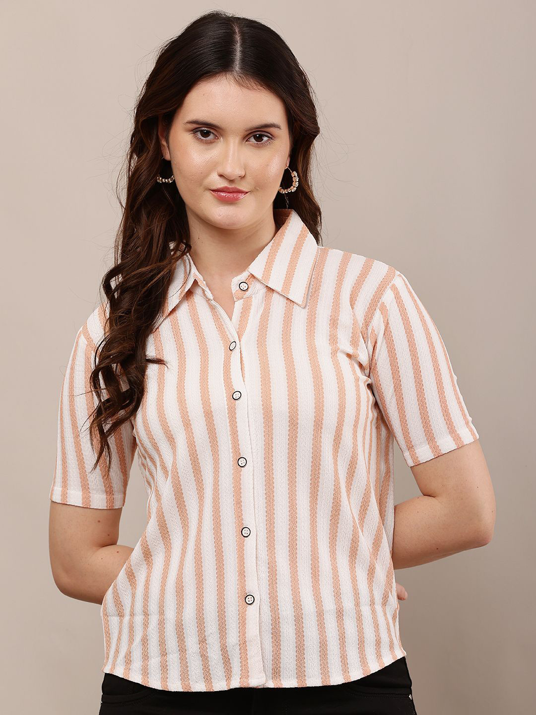 Moda Rapido Women Vertical Striped Spread Collar Cotton Casual Shirt