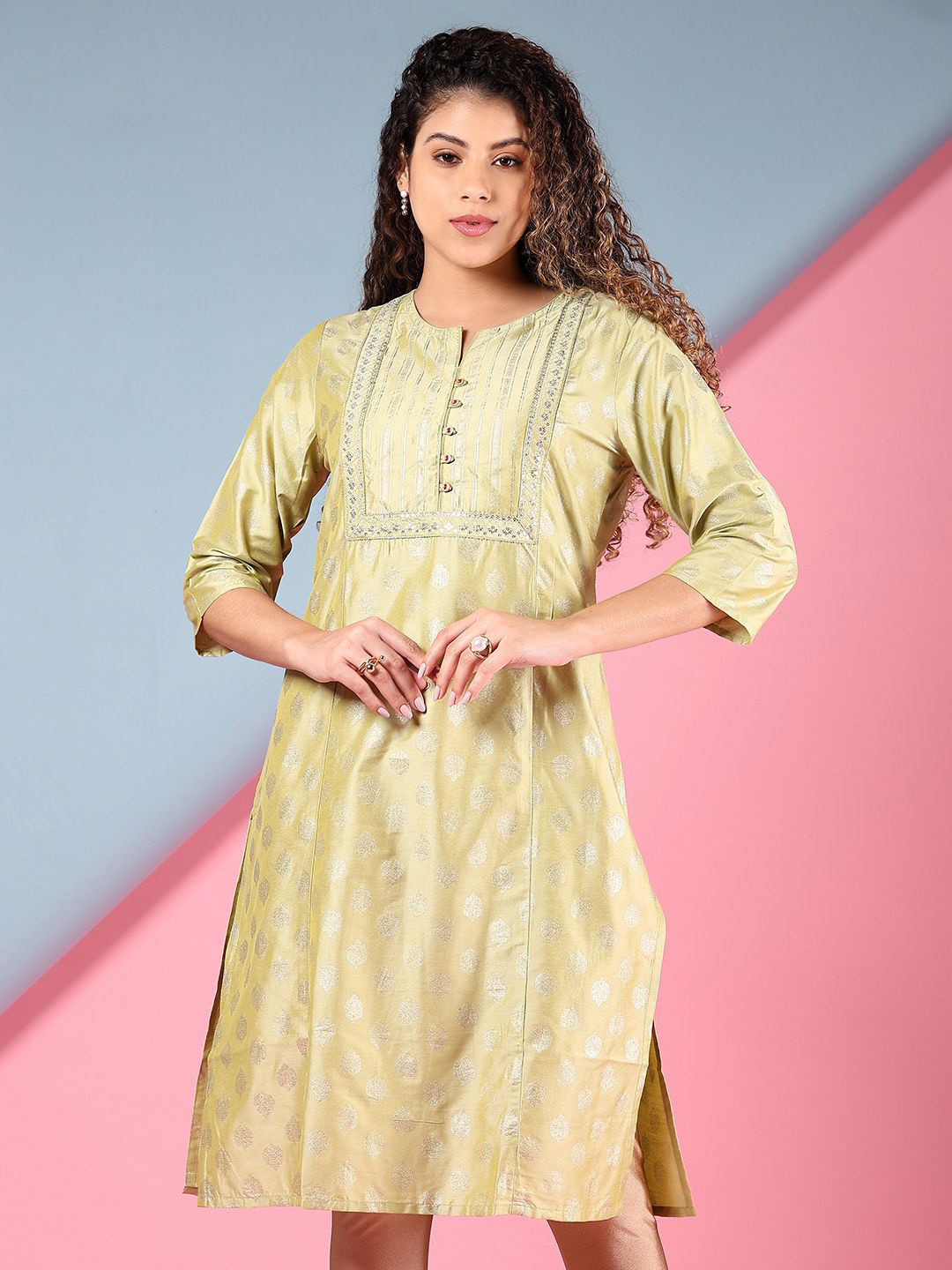 V-Mart Floral Printed Panelled Notch Neck Sequinned Cotton Straight Kurta