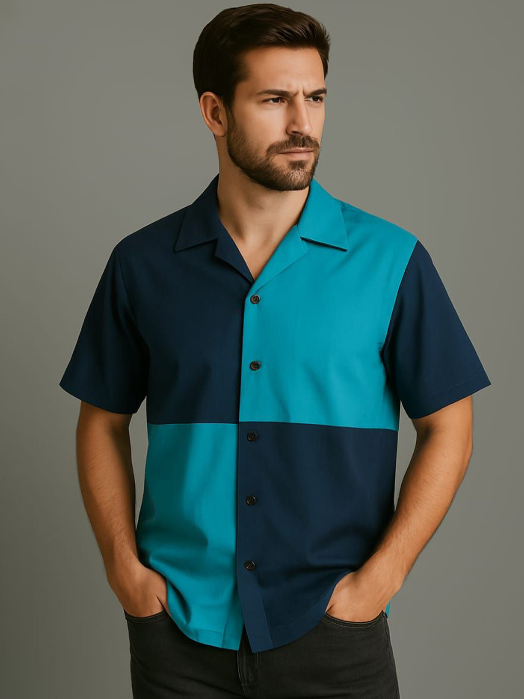 KOTRANIC Men Relaxed Fit Colourblocked Cuban Collar Cotton Casual Shirt