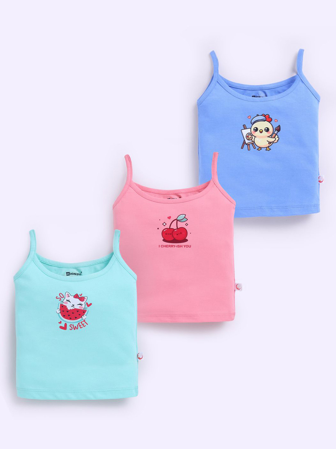 MooNKids Infants Pack Of 3 Printed Pure Cotton Vests R1-MK_Slip_3 dep blu p.blu pnk