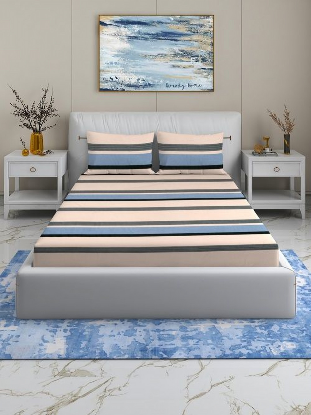 Quirky Home Rome Collection Beige Striped Microfiber 180 TC King Superfine Bedsheet with 2 Pillow Covers-108 x 108 inches