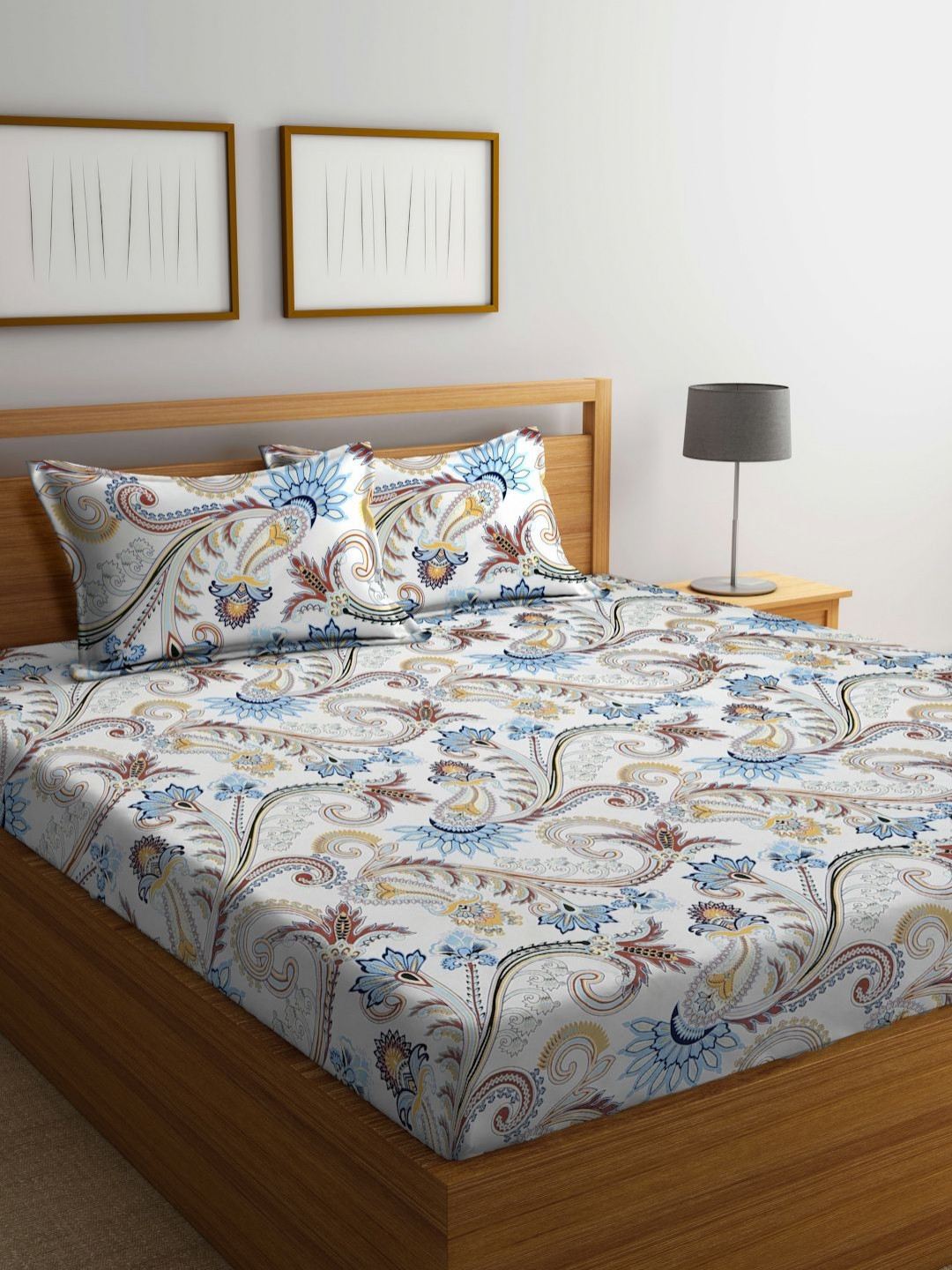 Aura White Floral Cotton Wrinkle Free 300 TC King Fine Bedsheet with 2 Pillow Covers-98 x 85 inches