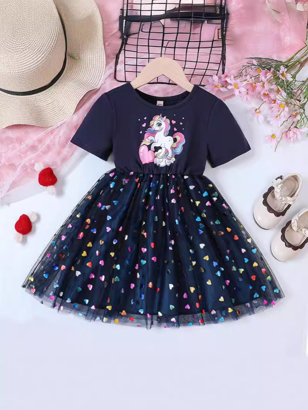 YK Girls Embellished Print Fit & Flare Dress