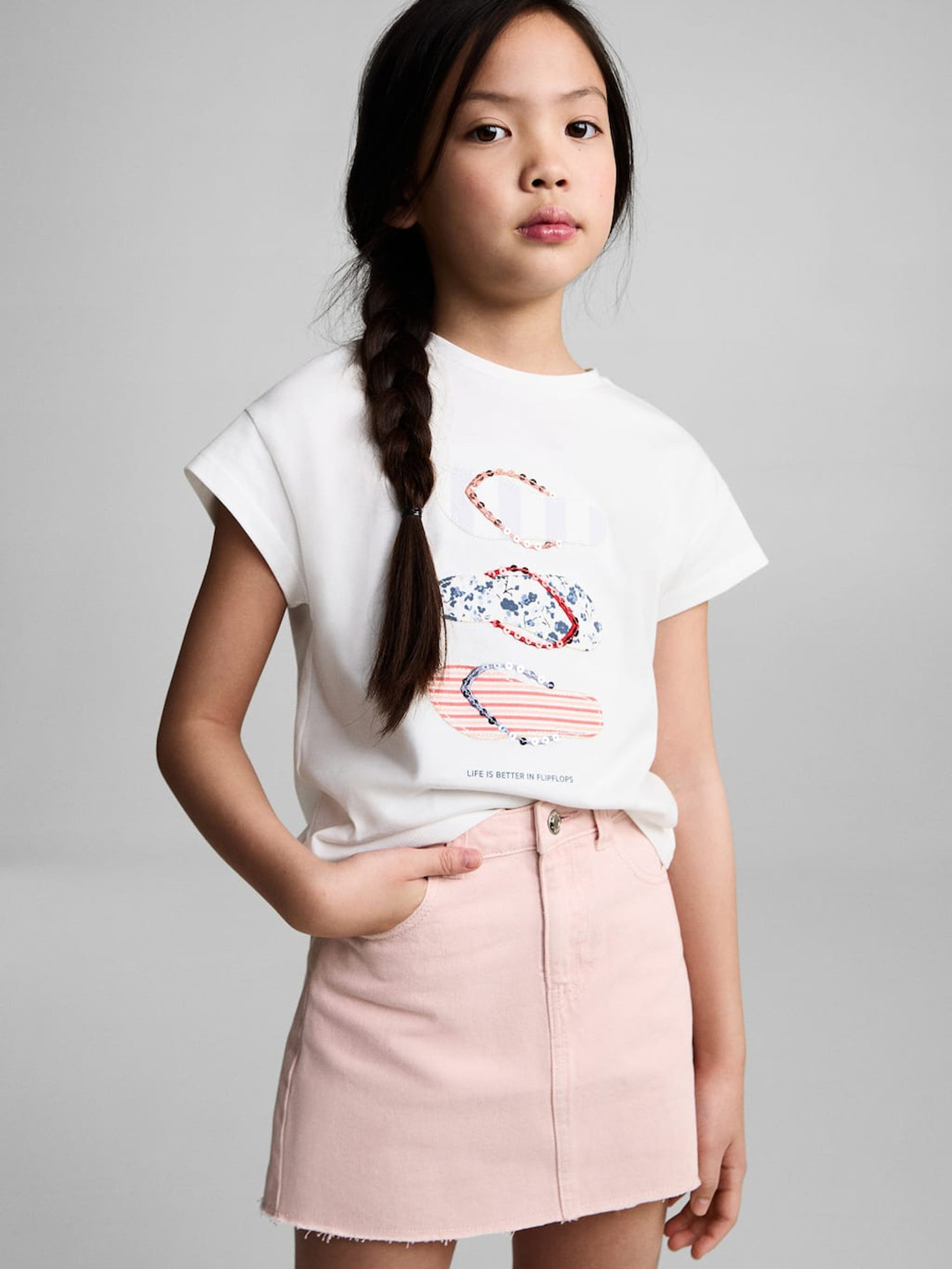 Mango Kids GirlsTwill Pure Cotton Denim Skirt With Frayed Hem