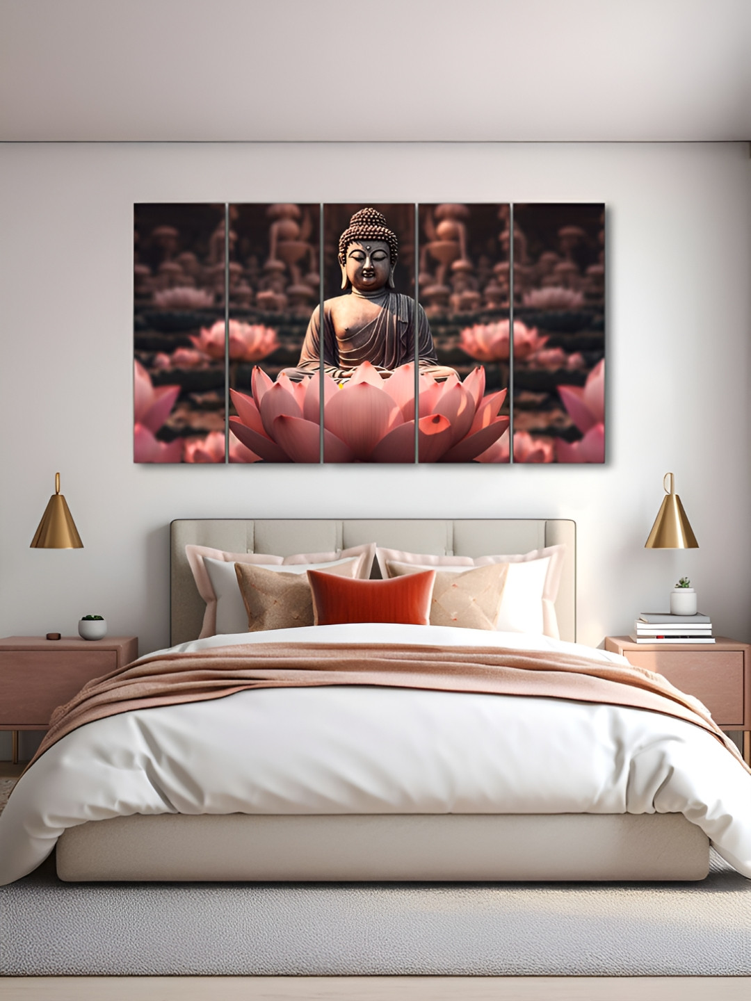 The Castle Decor Pink & Brown 5 Pieces Buddha Wooden Religious Wall Arts