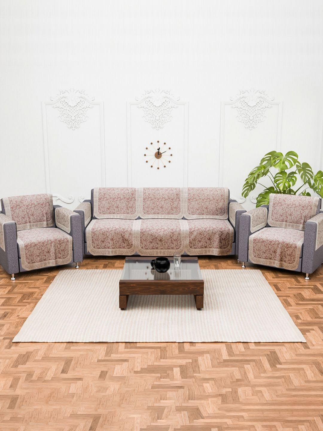 Myntra Elegant Homes Cream & Pink 10 Pieces Solid Cotton 5 Seater Sofa Cover With Arms