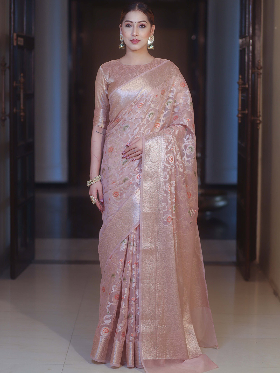 Banarasee Woven Design Zari Banarasi Faux Georgette Saree With Resham Jaal Work