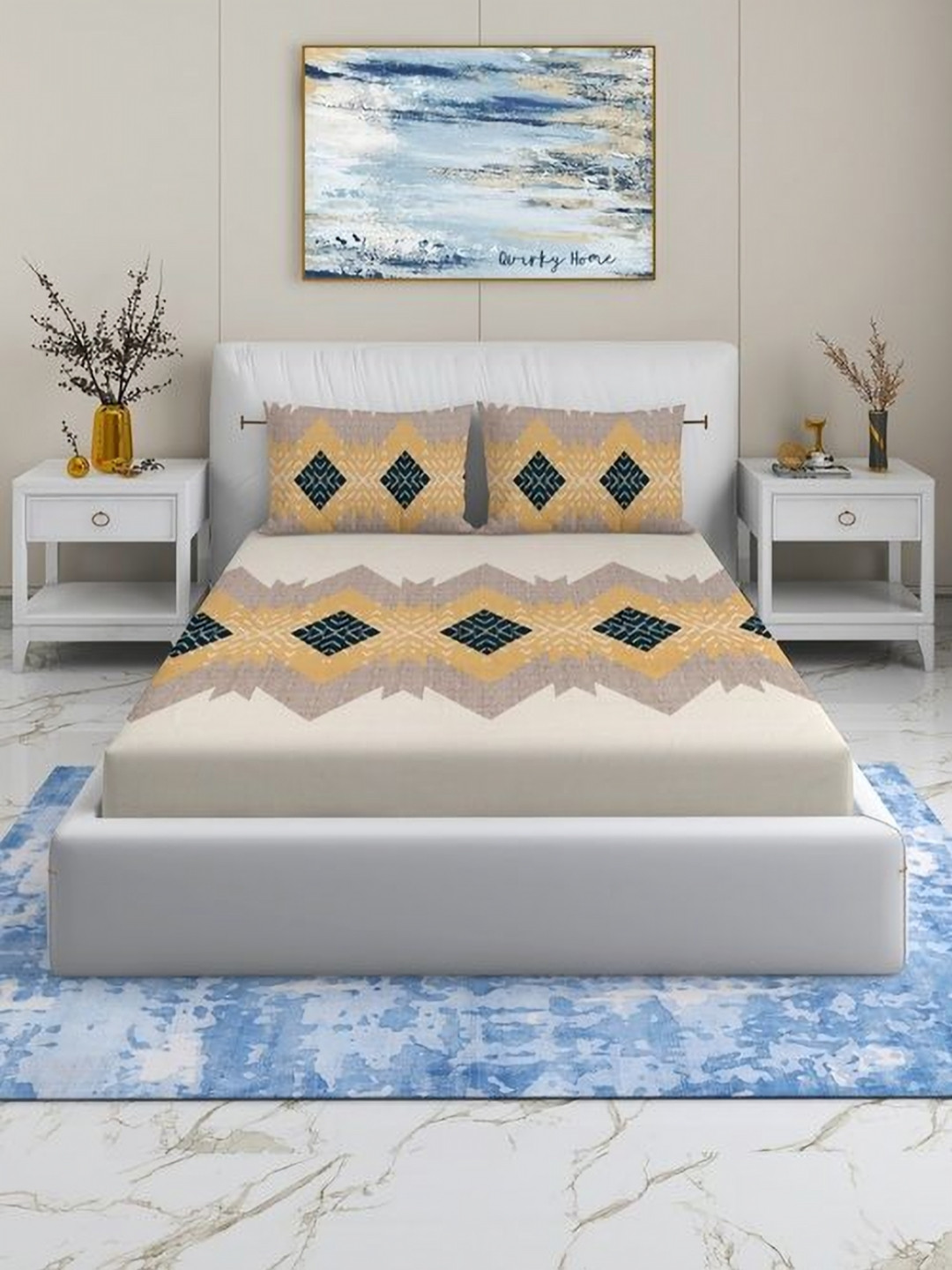 Quirky Home Rome Collection Beige Abstract Microfiber 180 TC King Superfine Bedsheet with 2 Pillow Covers-108 x 108 inches
