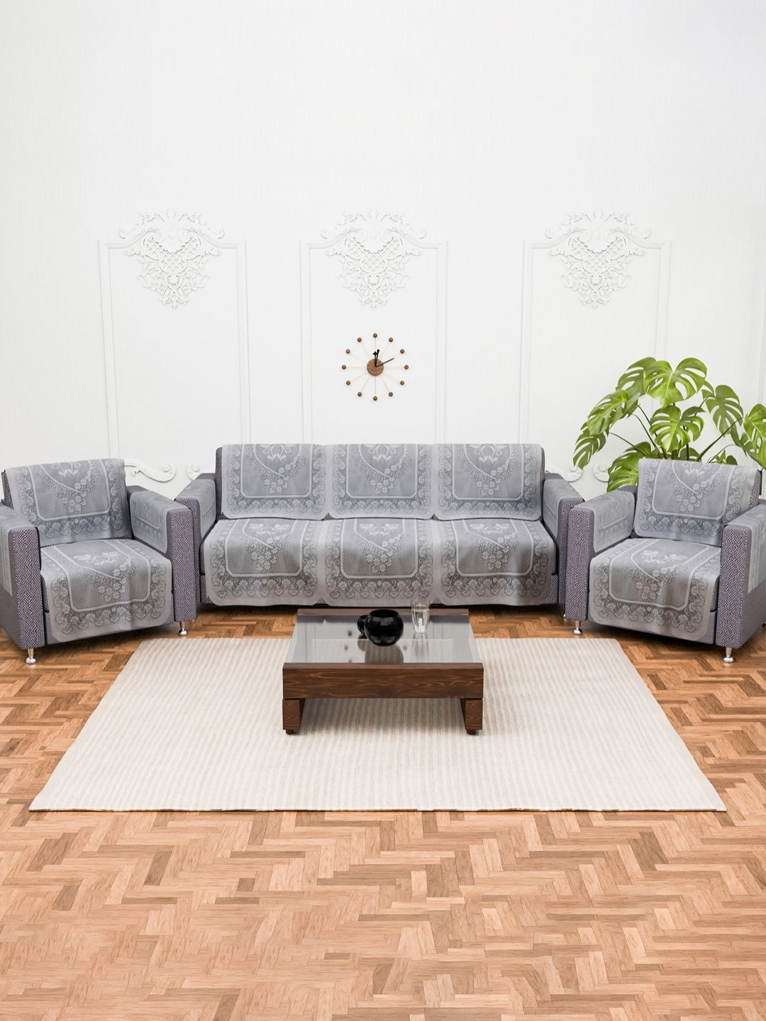 Myntra Elegant Homes 10 Pieces Grey Floral Printed Cotton 5 Seater Sofa Covers With Arms