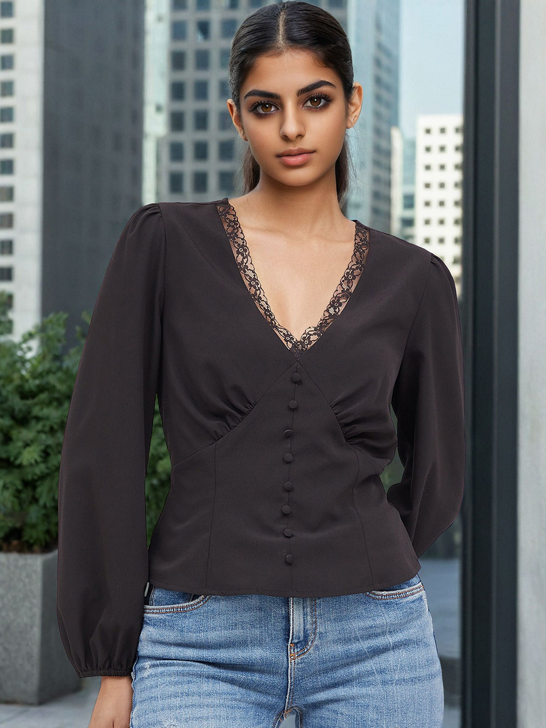 Stylecast X Slyck Puff Sleeve Smocked Details Crop Top
