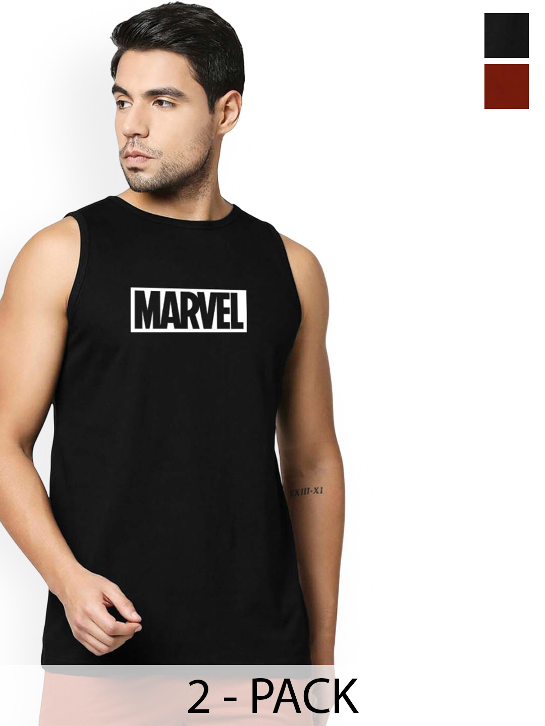 Organic Chics Pack Of 2 Printed Cotton Tank Vests Black Marvel - Maroon Infinity_S