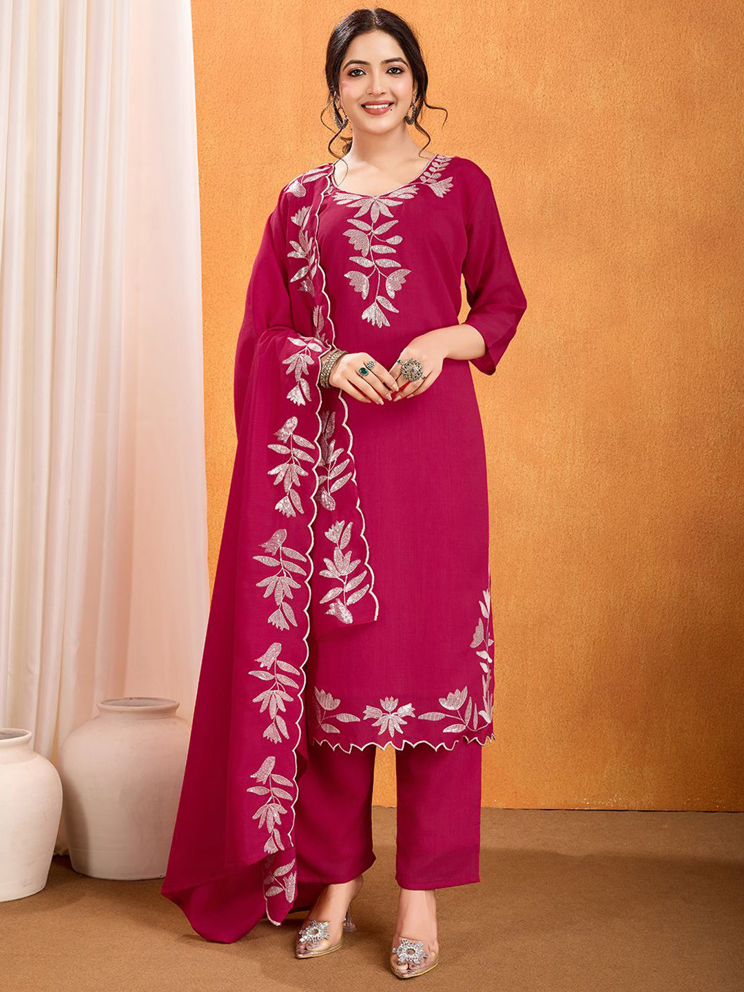 Divyadham Textiles Women Thread Work Straight Kurti with Pyjamas & With Dupatta