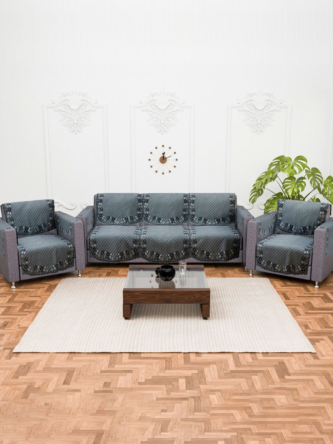 Myntra Elegant Homes 10 Pieces Grey & White Quilted Checked 5 Seater Sofa Covers With Arms