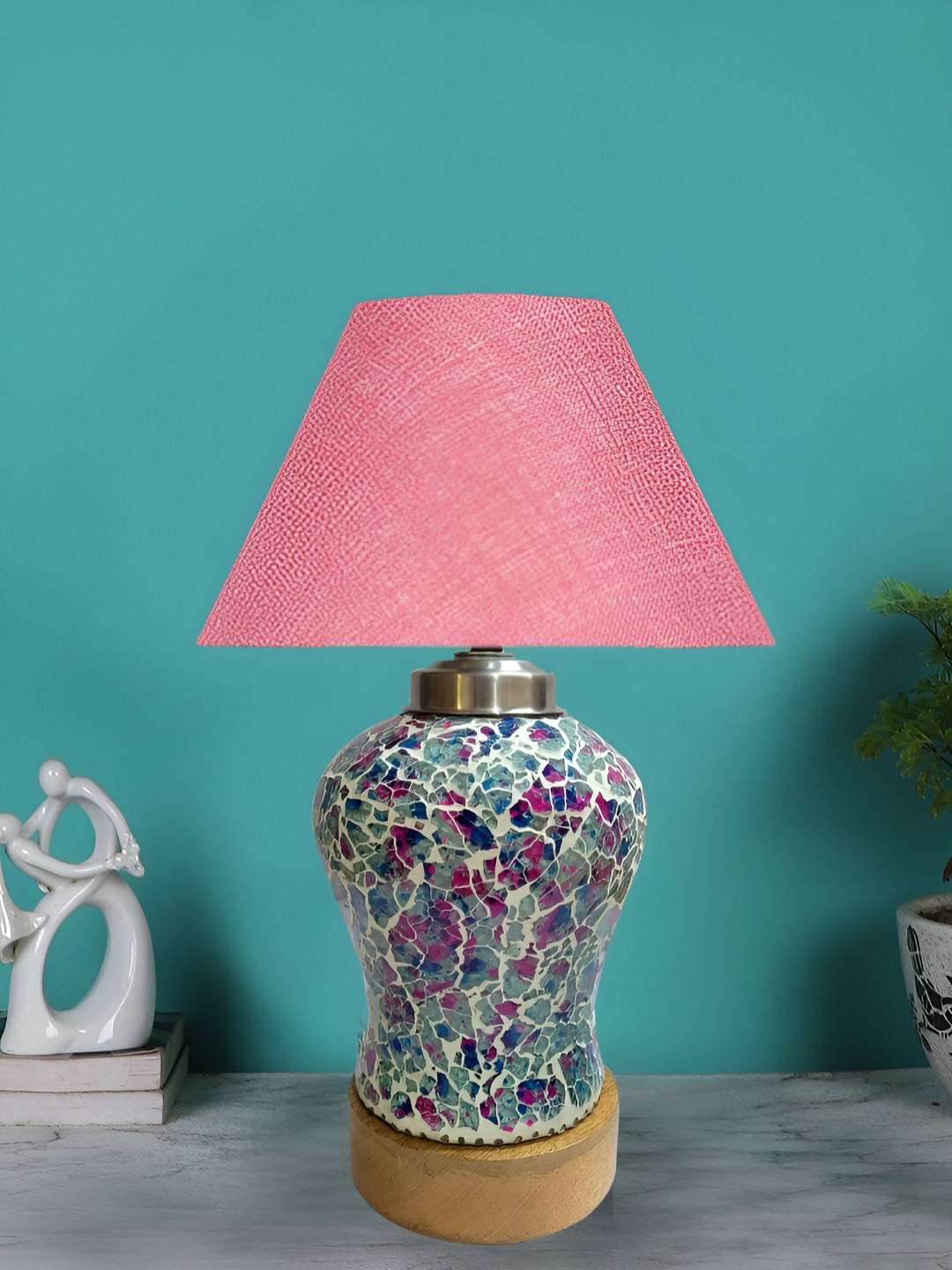 Aura Pink & Green Frustum Shape Glass & Wooden Table Lamp