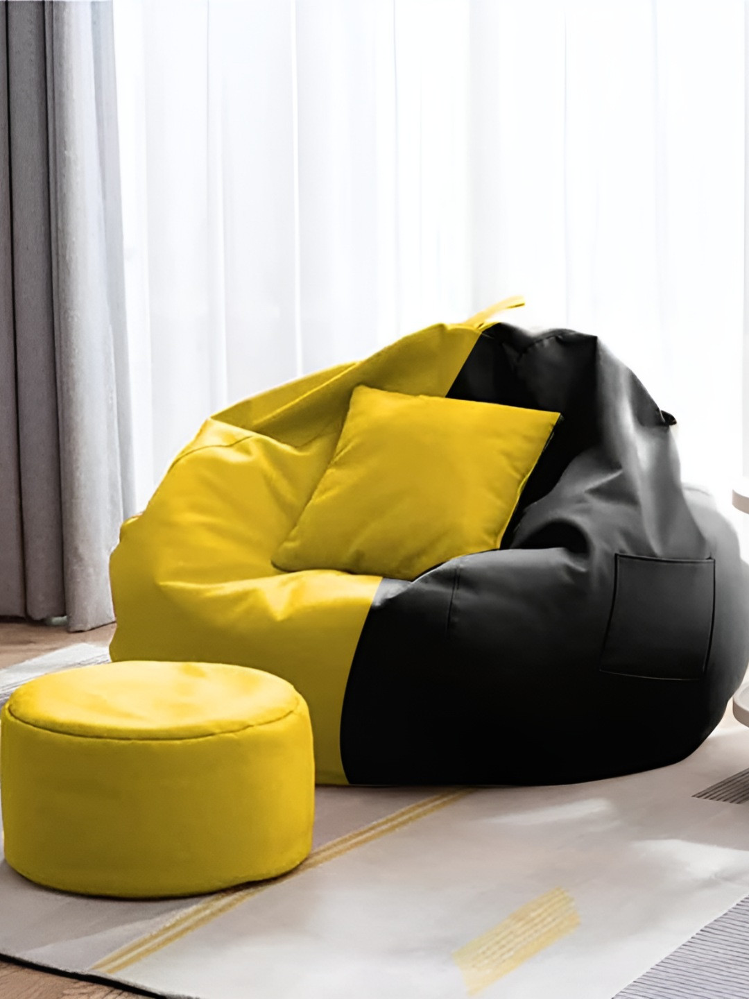 AARIJ MART 3-Pcs Black & Yellow Colour-Blocked Bean Bag With Footrest & Cushion