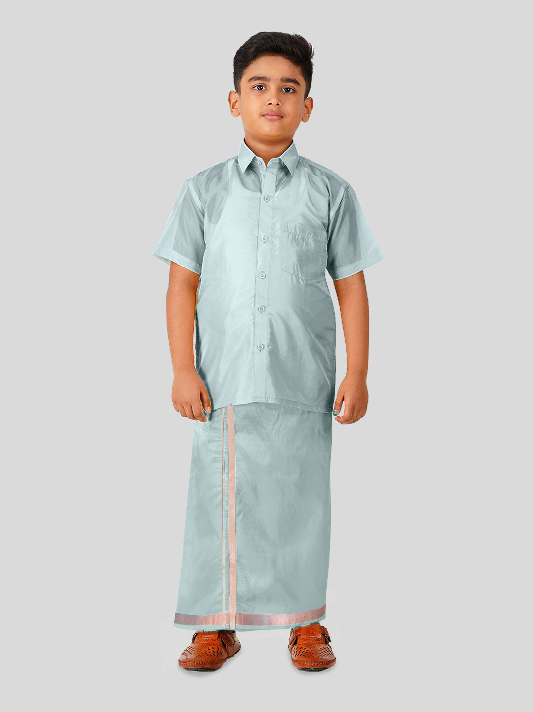 THANGAMAGAN Boys Short Sleeves Shirt With Dhoti