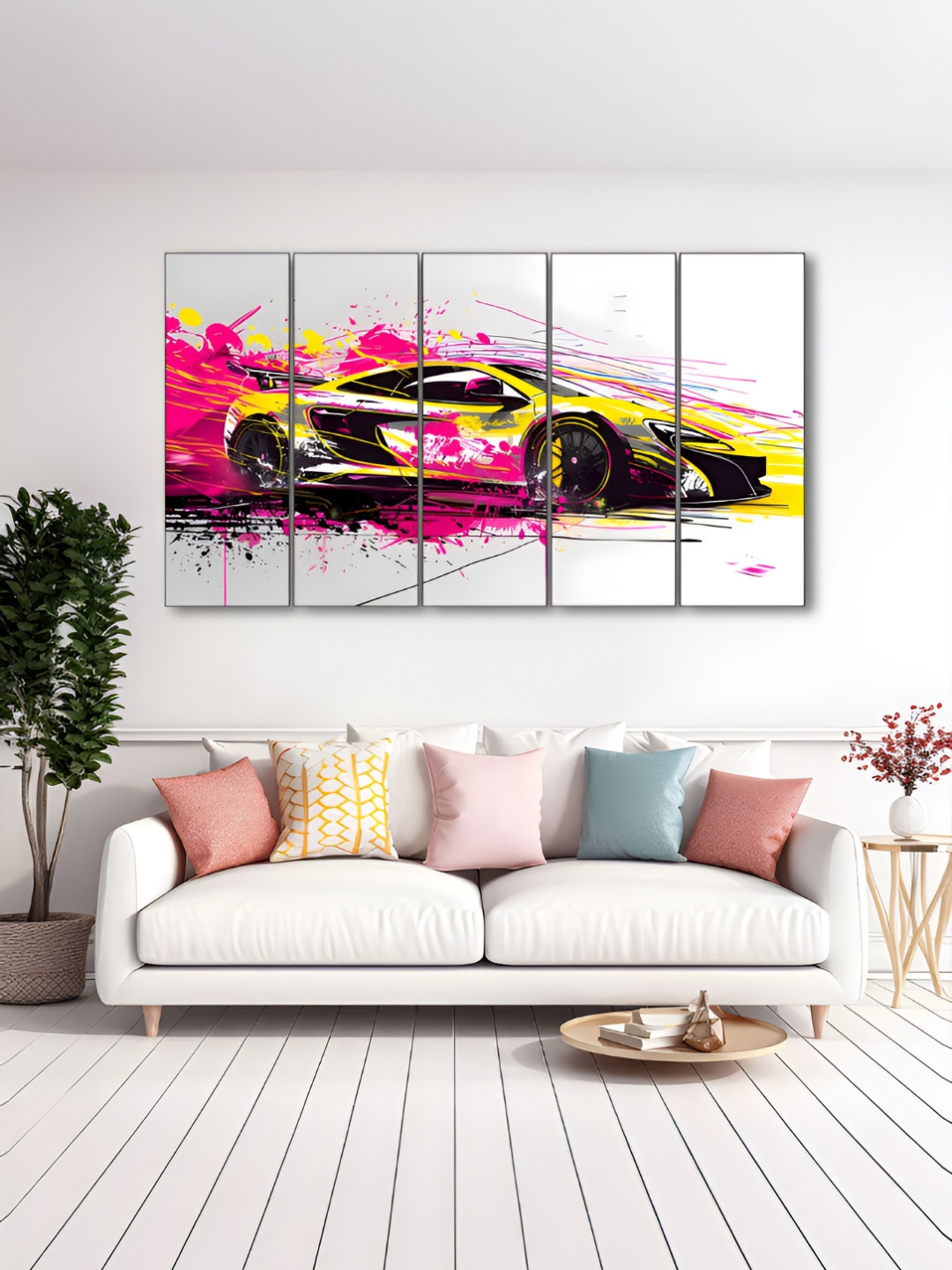 The Castle Decor Yellow & Grey 5 Pieces Car Wooden Wall Arts