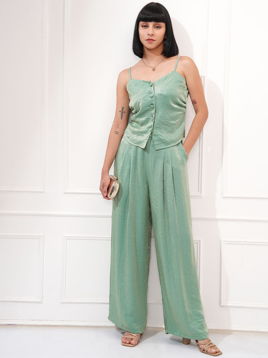 ESPYR By Tokyo Talkies Shoulder Straps Top With Pleated Wide Leg Trousers Co-Ords