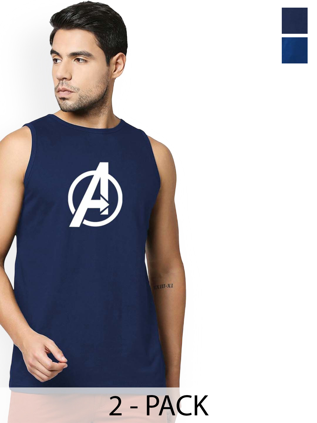 Organic Chics Pack Of 2 Printed Cotton Tank Vests Navy Avenger - Royal Spider_S