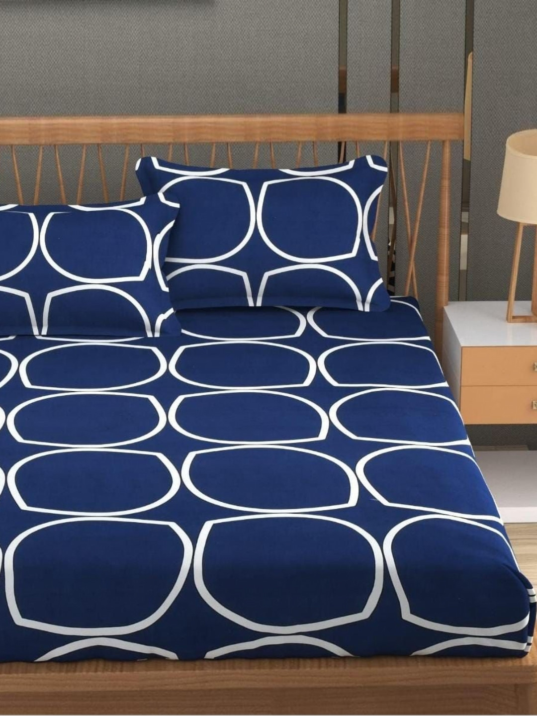 KIDS WONDERS Navy Blue Geometric Microfiber 160 TC Fitted King Bedsheet with 2 Pillow Covers-188.8 x 198.12 x 20.32 cm