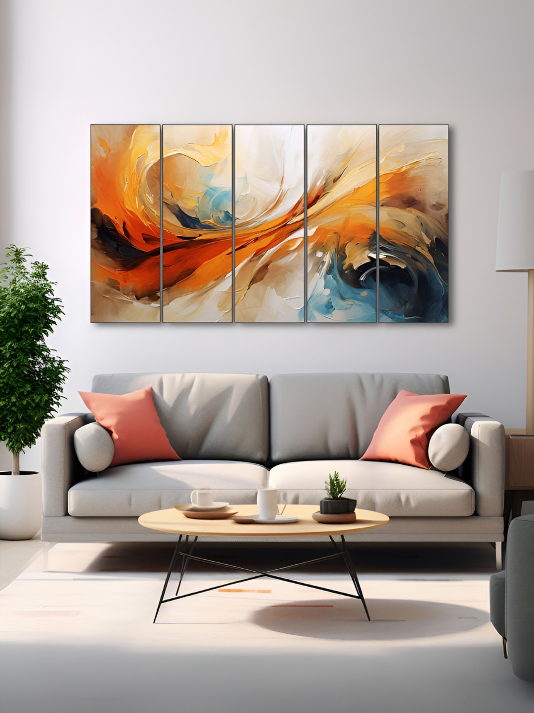 The Castle Decor Orange & Blue 5 Pieces Abstract Wooden Religious Wall Arts