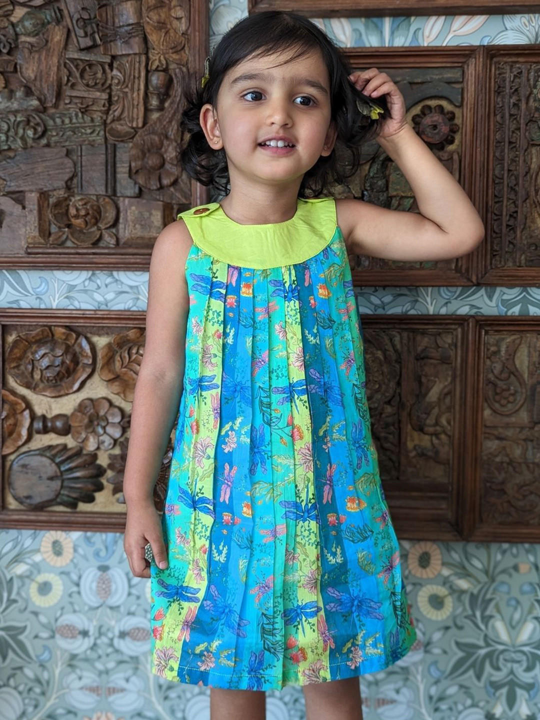 Tura Turi Girl's Ethnic Motifs Printed Gathered or Pleated A-Line Knee Length Dress