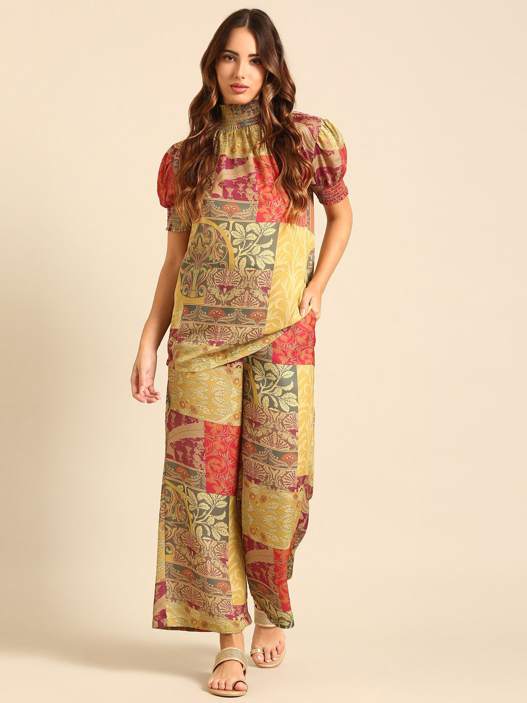 De Moza Selection of 2 Ethnic Motifs Printed High Neck Puffed Sleeve Top & Palazzo