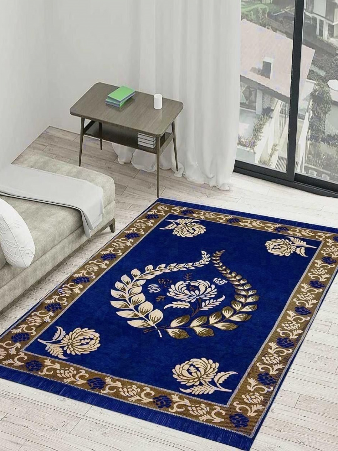 RADECOR Blue Solid Anti-Skid Carpet